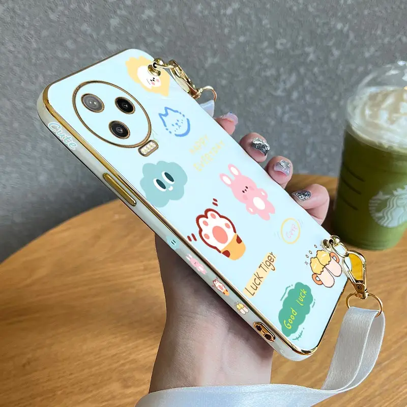 

Happy Little Animal Lanyard Plating Phone Case For Infinix Note 12pro 12 11 11Pro 10 Pro 10 Hot 12 12 Play 11S 10 Play Cover