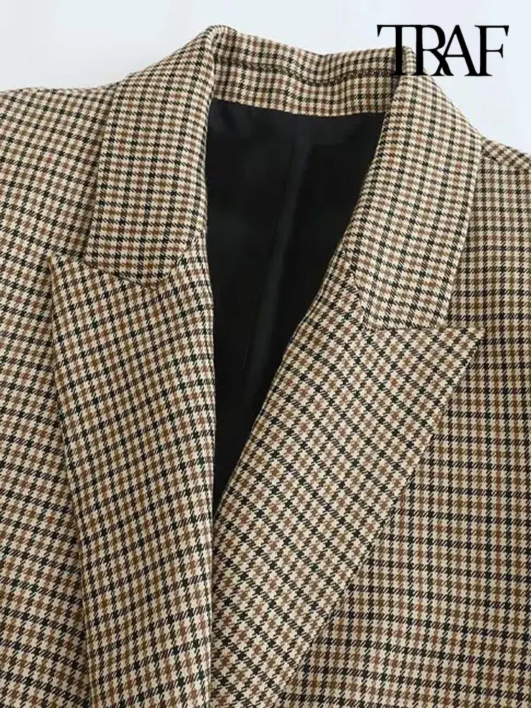 TRAF Women Fashion Double Breasted Plaid Blazer Coat Vintage Long Sleeve Flap Pockets Female Outerwear Chic Vestes Femme 3
