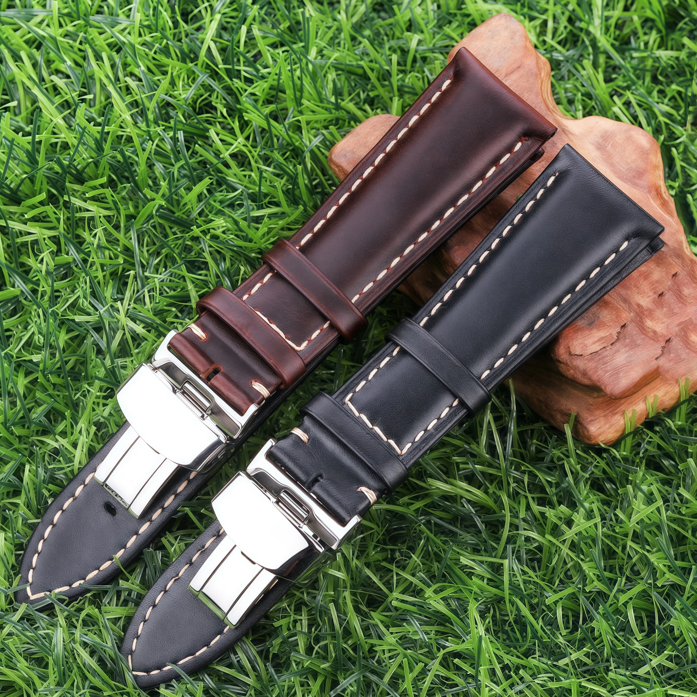 Vintage Genuine Leather Watch Band with Quick Release and Double Push Deployment Clasp
