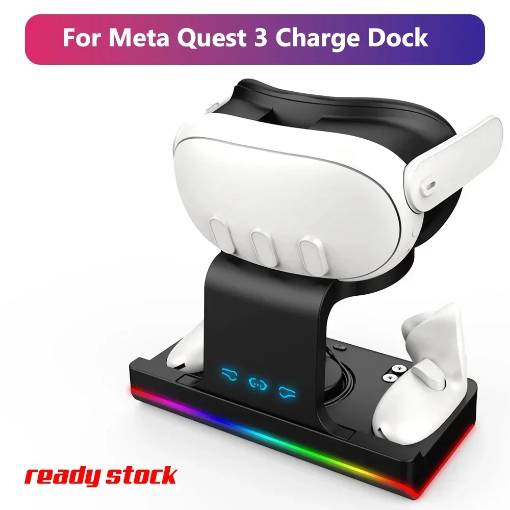Charging Dock for Meta Quest 3 RGB Charger Station Controller Battery Pack Fit Elite Head Strap VR Accessories