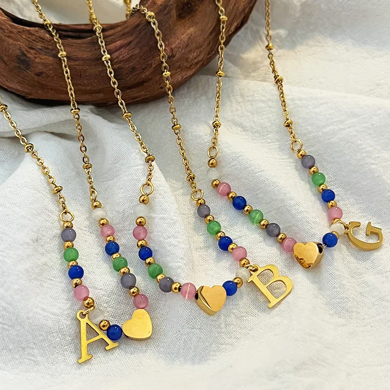 

Bohemian Initial Necklace for Women Heart Name Choker Stainless Steel Letter Pendant Natural Stone Bead Collares Adjustable