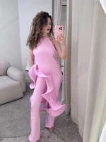 Women Romantic Yellow Halter Maxi Dress Ribbed Knit Ruffled High-slit Slim-fit Vestido 2026 Lady New Spring Trendy Fashion Robes - Image 4