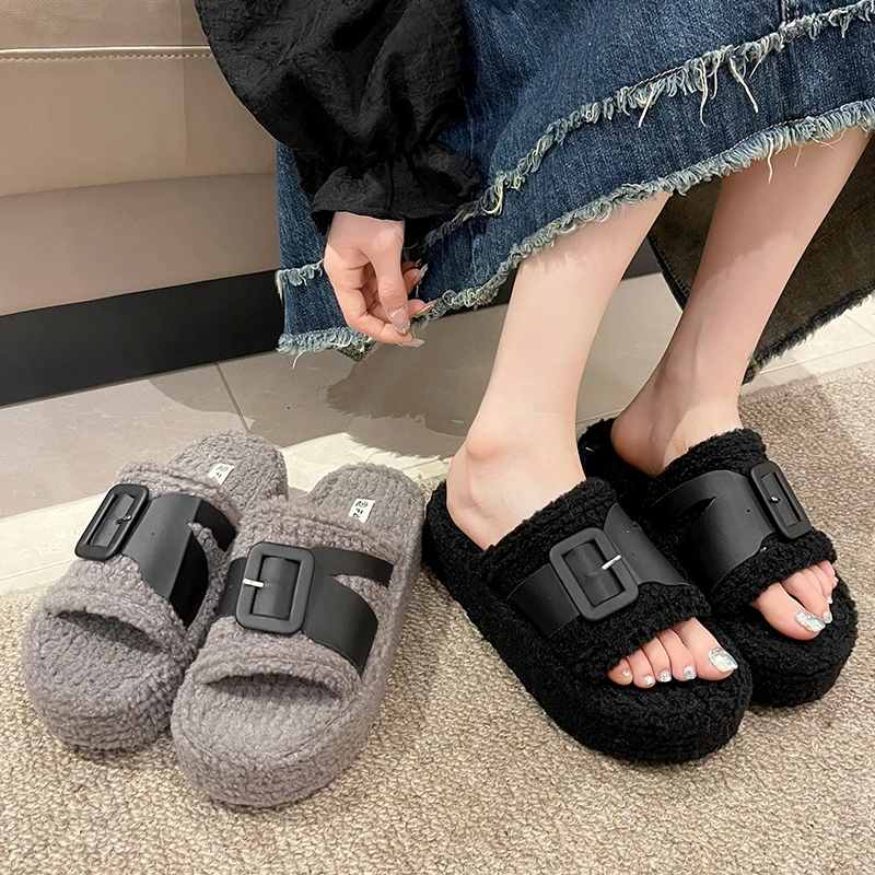 

Женские меховые шлепанцы на платформе, повседневные шлепанцы средней высоты из флока, плюшевая обувь на плоской резиновой подошве, зима 2023