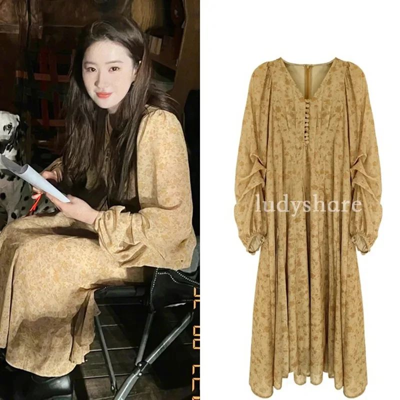 

Женское платье с цветочным принтом, Новинка весна-осень 2023, модная Корейская женская модная темпераментная свободная облегающая длинная юбка с V-образным вырезом