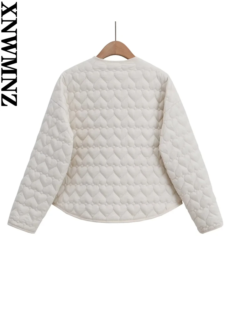 XNWMNZ Women's Fashion 2023 Autumn/Winter Heart Padded Jacket Women O Neck Long Sleeve Pocket Versatile Female Coat 2