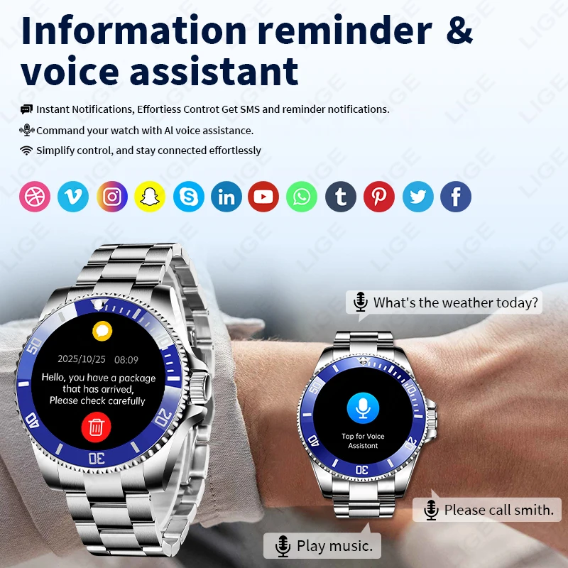 LIGE New Voice Calling Smartwatch Men Wristwatches Voice Assistant Message Reminder Smart Watch Electronic Clock For Android IOS