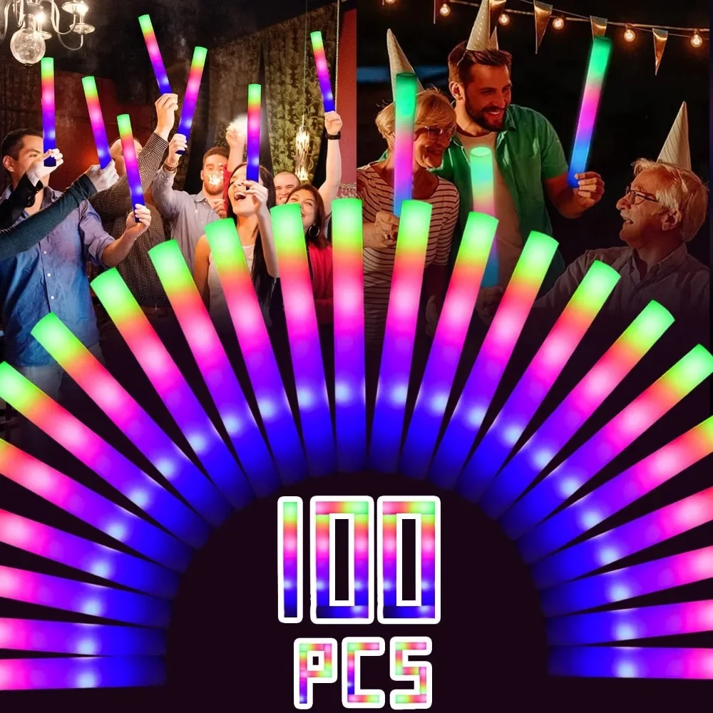 

100 Pcs Foam Glow Sticks Bulk LED Sticks Glow in the Dark Party Supplies With 3 Modes Colorful Flashing Party Supplies