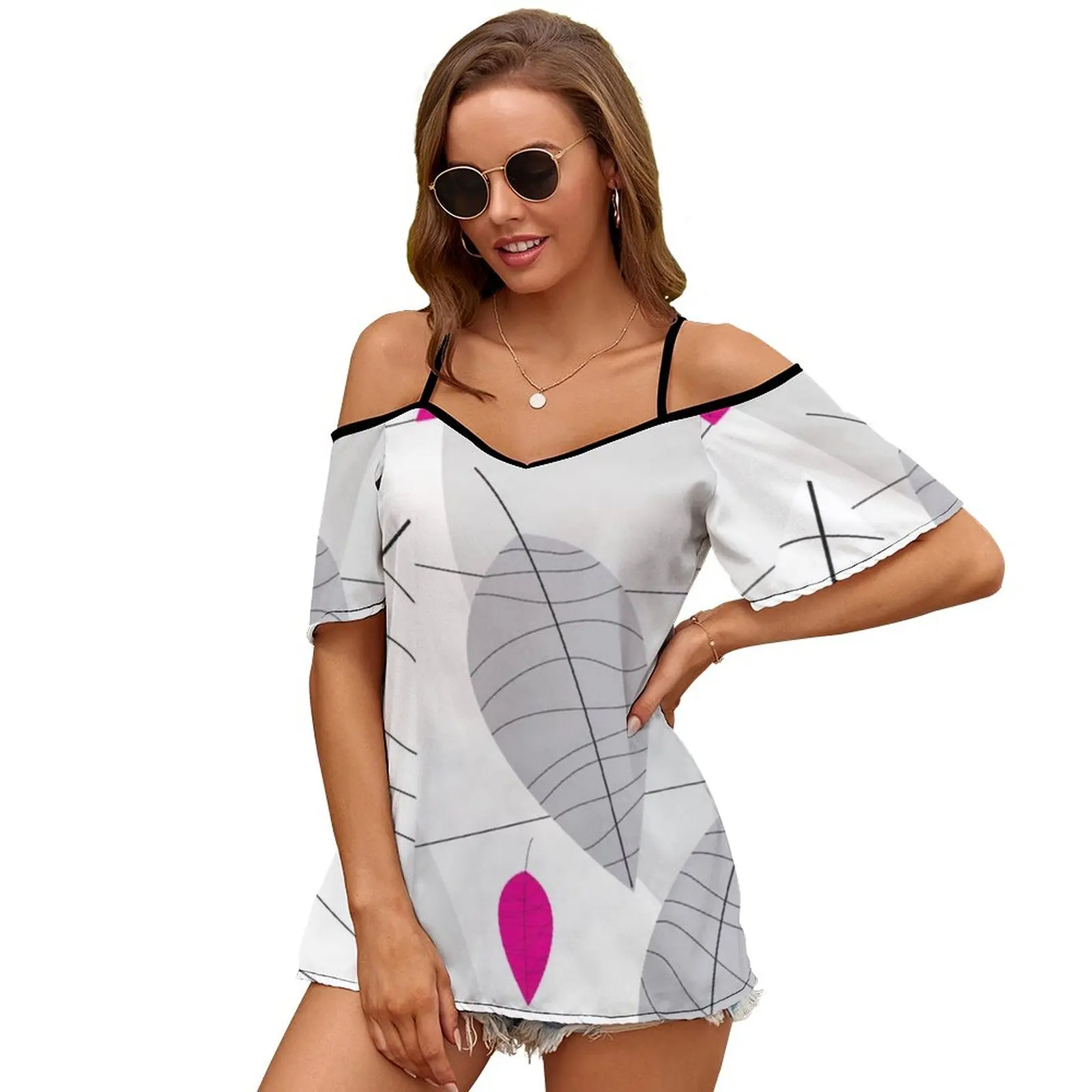 T-Shirt Da Donna Sexy E Club Con Foglie Grigie, Bianche E Rosa T-Shirt Manica Corta Con Spalle Scoperte T-Shirt Da Donna Foglie Rosa Bianche Grigie