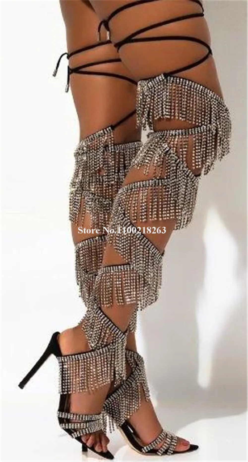 

Rhinestones Tassels Thin Heel Over Knee Gladiator Boots Pointed Open Toe Crystals Straps Cross Stiletto Heel Long Sandals