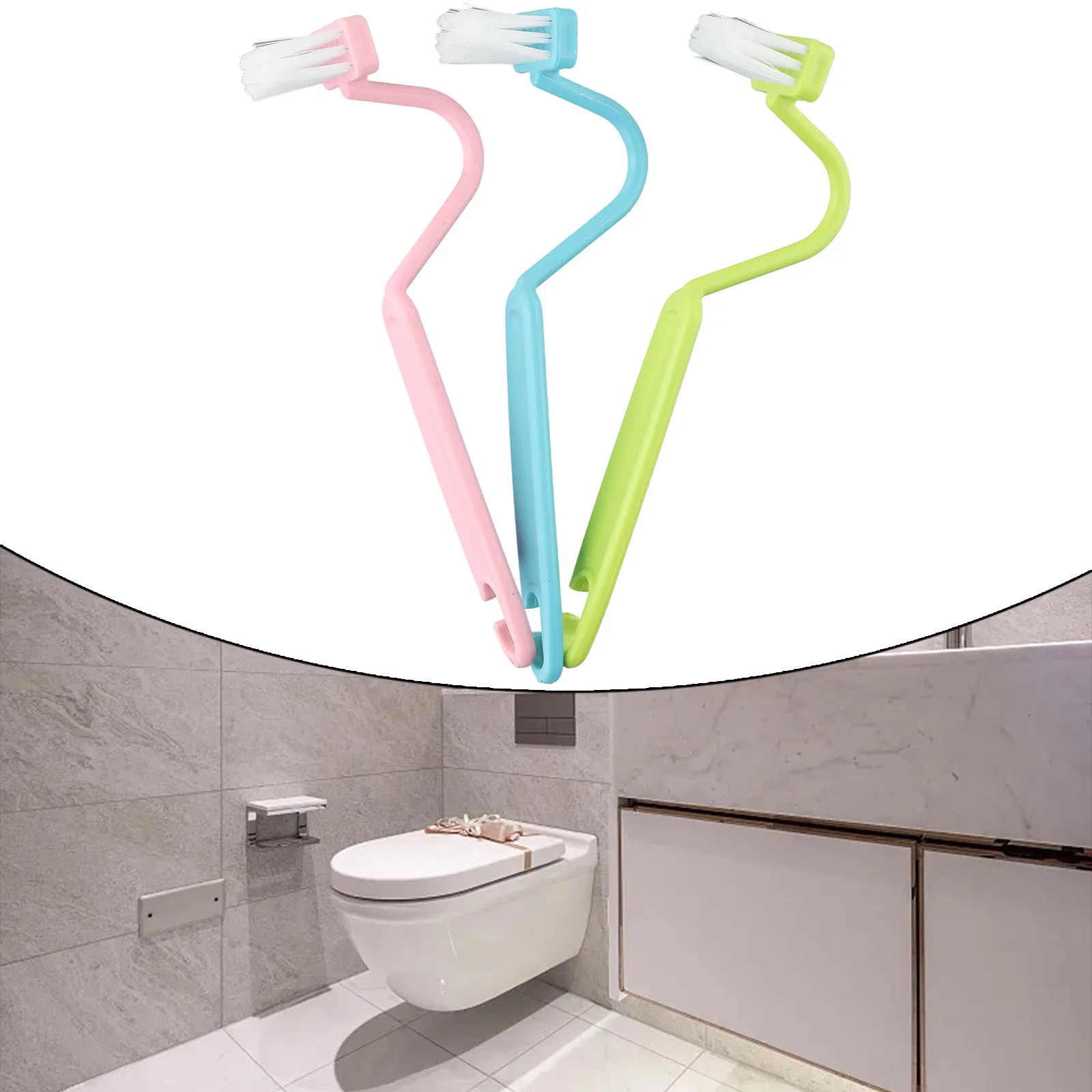 3pcs Plastic Toilet Under Rim Cleaning Brush S-Type Curved Bent