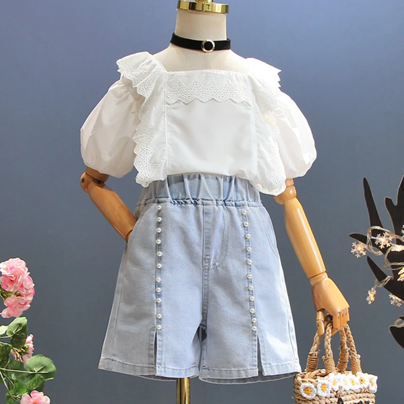 

Kids Outfits Sets for Girls Summer Suit Short Sleeve Shirt & Denim Shorts Children Clothes Teenagers Costumes 4 6 8 10 12 Years