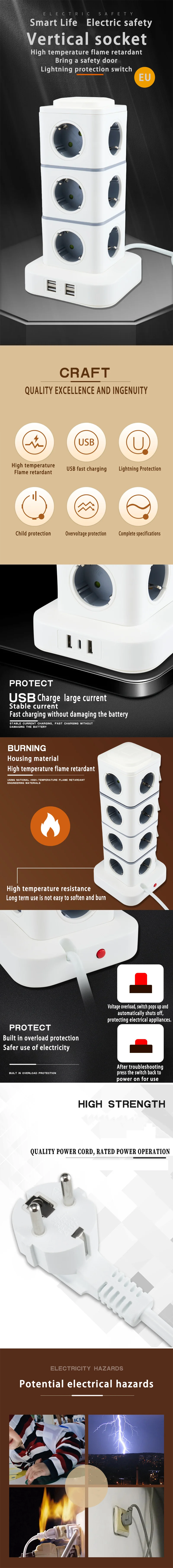 Tower Multiple Socket EU Plug Extension Power Strip with USB Switch Surge Protection Sf9a2fb8f945048f38f39f372af793206H