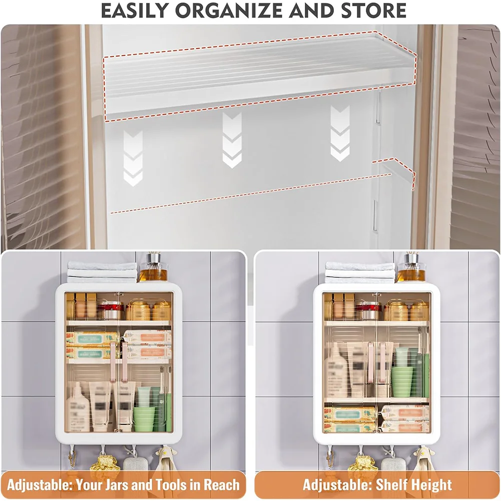 Wall-Mounted Storage Rack with Hooks Bathroom Organizer Bathroom Storage Cabinet for Bathroom & Kitchen