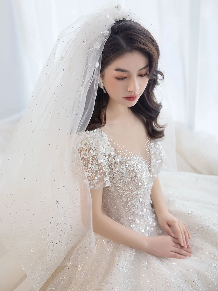 Luxury Wedding Dresses Short Sleeve Shining Sequins Beads V - Main Image