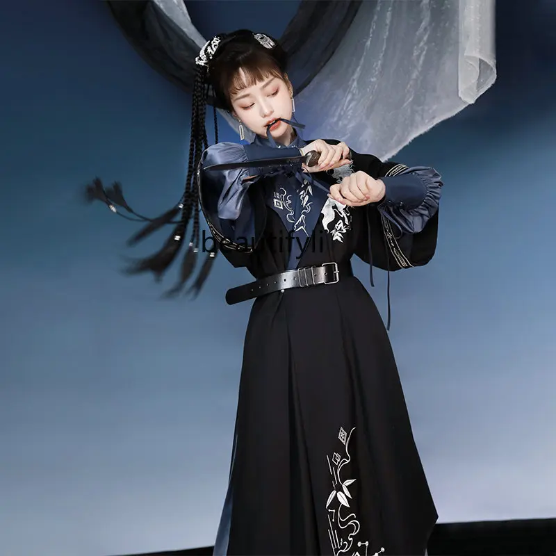 

Yj Hanfu улучшенные ханьские элементы, ветровка от меча, черный тренчкот, юбка с конским лицом