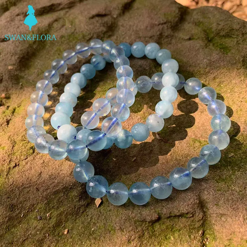 

7MM Natural Aquamarine Bracelet Gift Woman Round Beads AAAAA aeroides bracelet for women