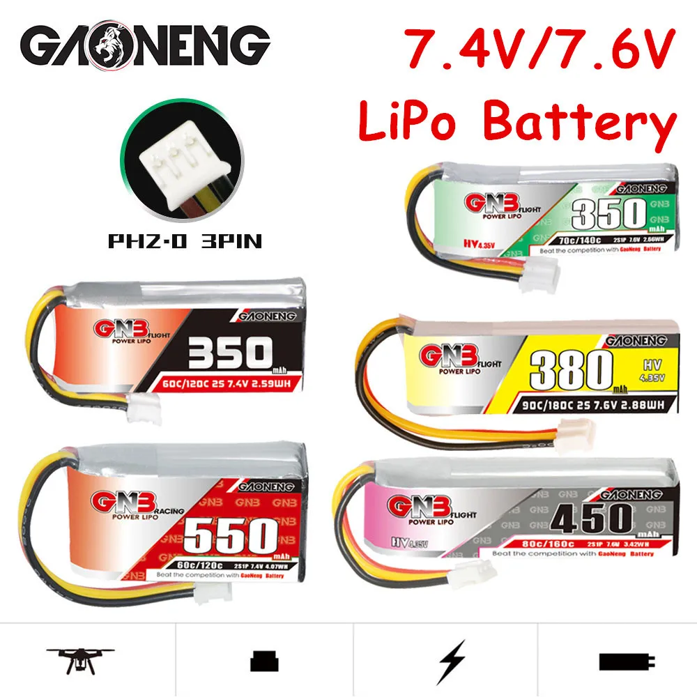 GNB 2s 7.4v 7.6v 350/380/450/550mAh 60/70/80/90c Lipo Battery For 1/28 Rc Racing Drift Car Parts RC Car Drift Rally Vehicle Toys rc car battery