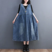 plus Size Women's Denim Dr Loose Fit Summer Faion High Waist A-Line Skirt ort Sve V-Ne Waed out Jeans Dr - Image 2
