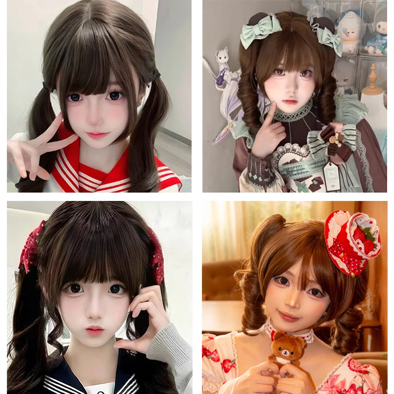 Synthetic Women Wigs Hairpiece Brown Wig with Hair Bangs Removable Roman Curl Ponytail for Women Daily Cosplay Use Cute Hair Wig