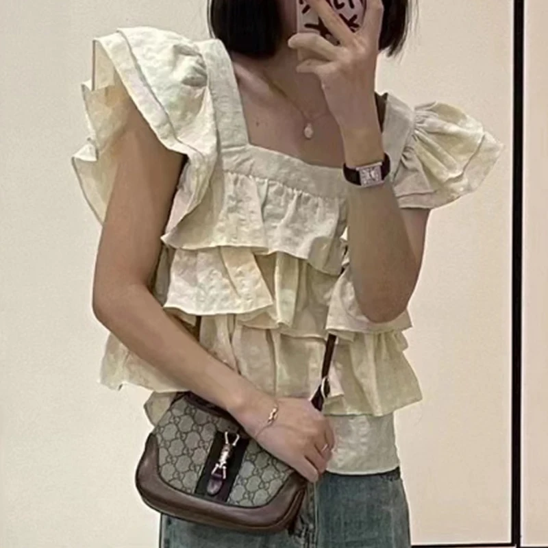 

Женская шифоновая блузка без рукавов, элегантная Милая многослойная блузка с оборками и квадратным вырезом, повседневный топ свободного покроя, модель 2023 на лето, 27600