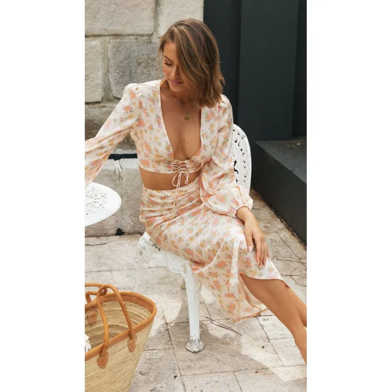 JKW Special for Women's Clothing New PrintingVCollar Chest Front Lace-up Long Sleeve Top+Half-Body Skirt Suit
