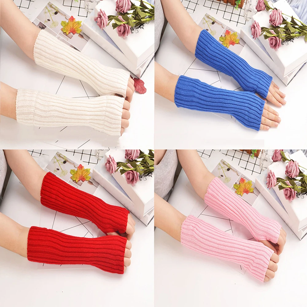 

Winter Thicken Trendy Lady Arm Sleeve Elbow Cover Knitted Gloves Women Fingerless Mittens Oversleeve Warm Candy Color Mitt