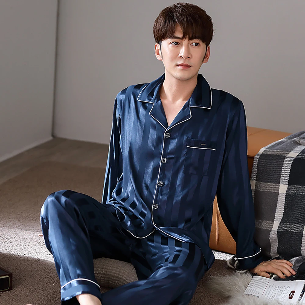 Spring Autumn Ice Silk Cool Pajama Sets Fashion Solid Striped Pajamas for Men Comfortable Loose Smooth Satin Pijama pyjama homme 2023 spring autumn fashion striped pajamas for men casual o neck pajama sets comfortable sleepwear cotton male pajama loungewear