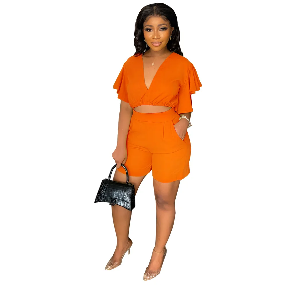 Fashion Two Piece Set Women Sexy V Neck Ruffles Sleeve Crop Top & Pockets Shorts Suit 2023 Summer Street Solid Tracksuit Outfits