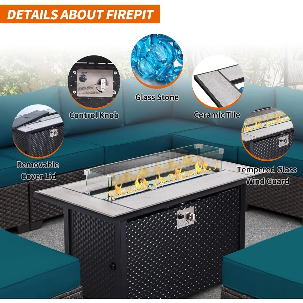 9-Piece Patio Rattan Furniture Set with Gas Fire Pit Table Outdoor Sectional Conversation Couch Brown Wicker Sofa 5