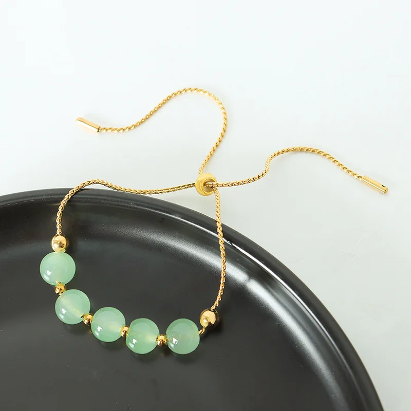 

SDA Stainless Steel Women Bracelet Green Round Beads Jade Adjustment Buckle Rope Link Chains