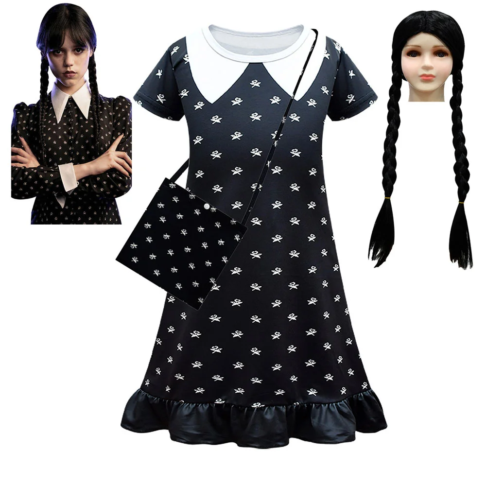 Kids Wednesday Addams Rodzina Przebranie Na Karnawał Addams Sukienka Z Nadrukiem Peruka Dziewczyny Vintage Gothic Stroje Halloween Odzież Do Odgrywani