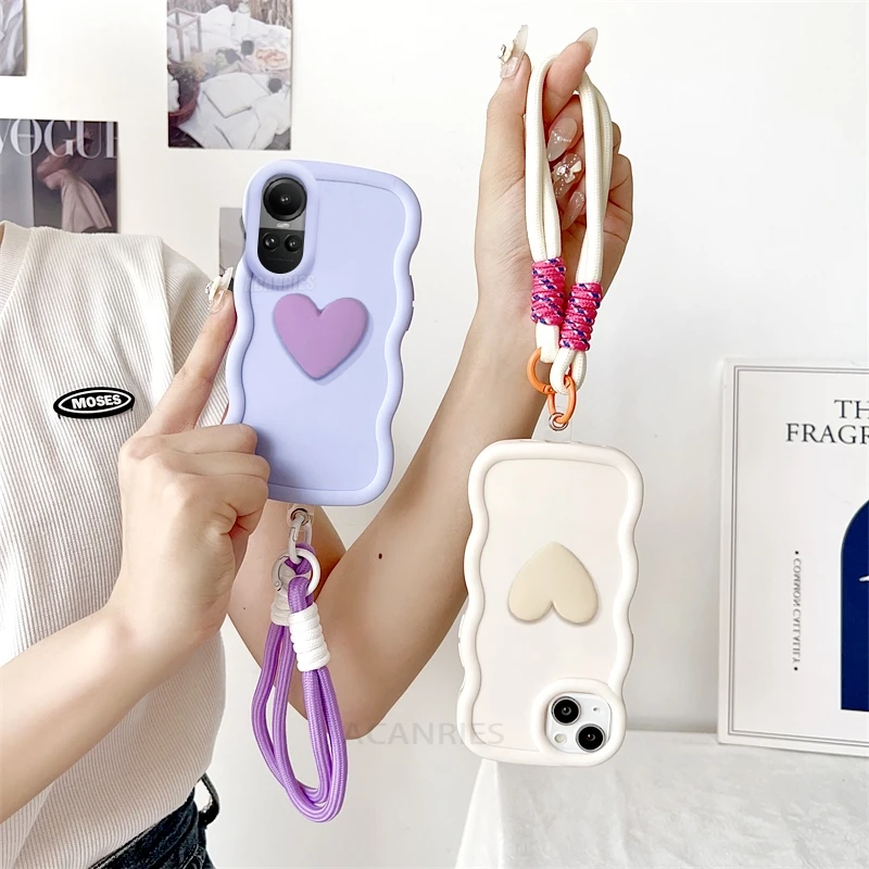 Love Heart Wavy Silicone Case with Lanyard Wrist Strap Cover