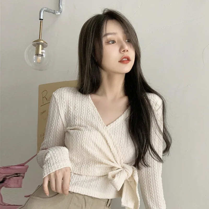 Spring and Autumn 2024 New Blouse Women Korean Style Solid Color Irregular V-neck Long Sleeve Office Lady Versatile Tops Female