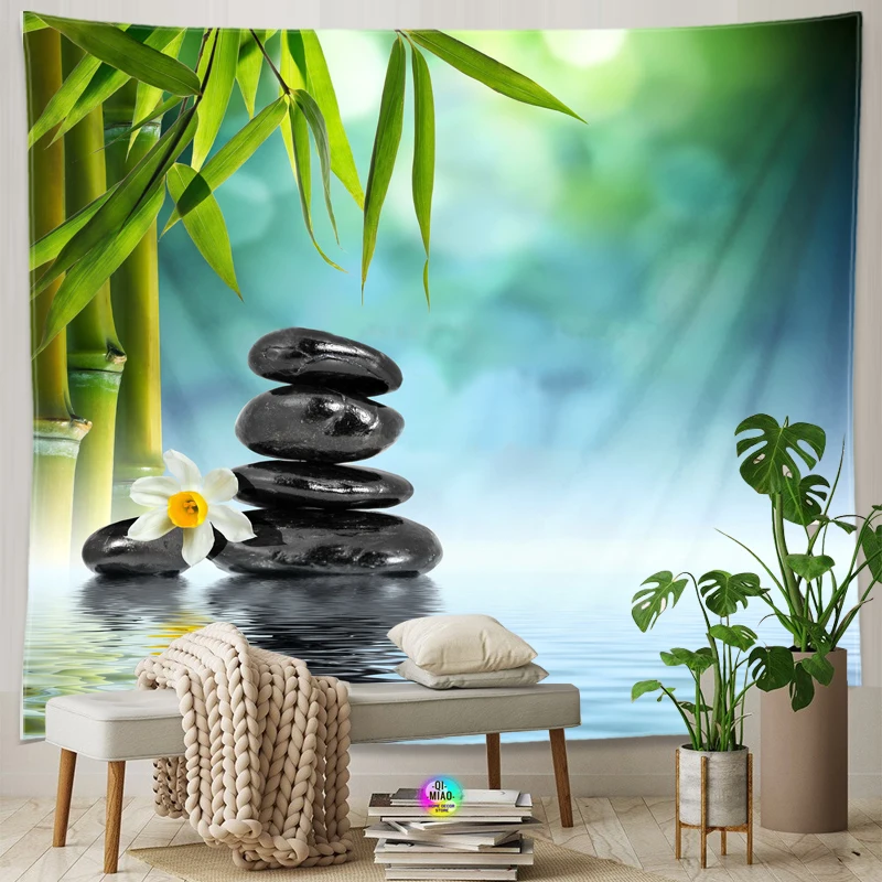 Zen Room Interior Decorative Bamboo Flowing Green Bamboo Buddha Meditation Spa Tapestry Green Wall Decoration Green Home Decor 4