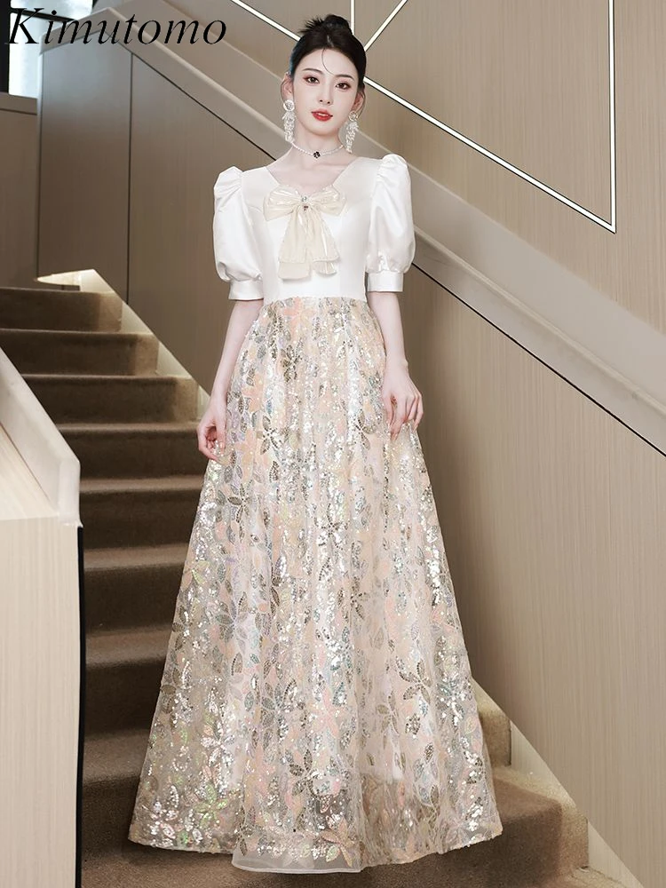 

Onalippa Sequined Embroidery Party Dress Puff Short Sleeves Bow High Waist Prom Dresses Celebrity Style V Neck Elegant Vestidos