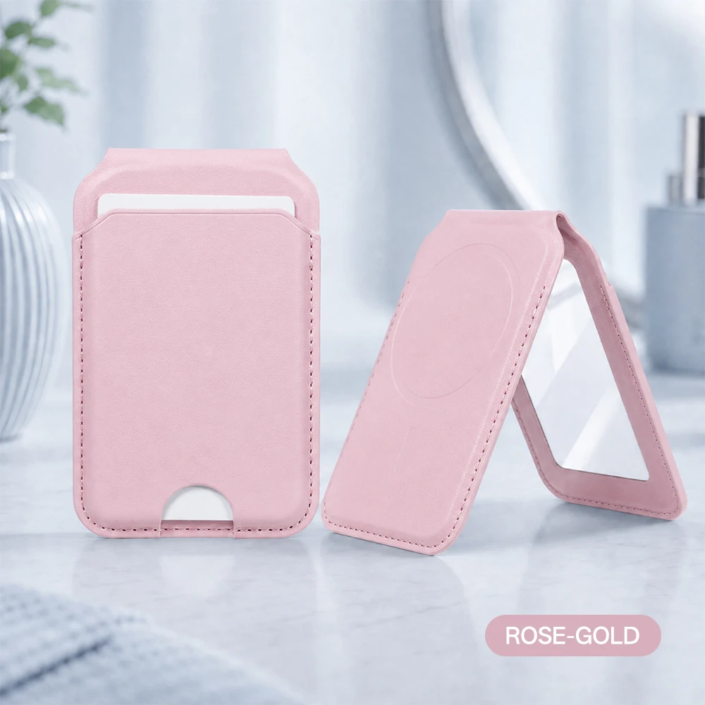 Compact Magnetic Leather Wallet with Mirror, Card Holder, and Foldable Stand