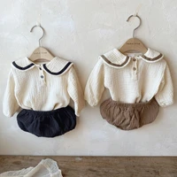 Nouveau-né bébé filles garçons automne manches longues col bleu marine haut t-shirts solide bas de pain infantile enfants pur coton vêtements ensemble 2 pièces 3