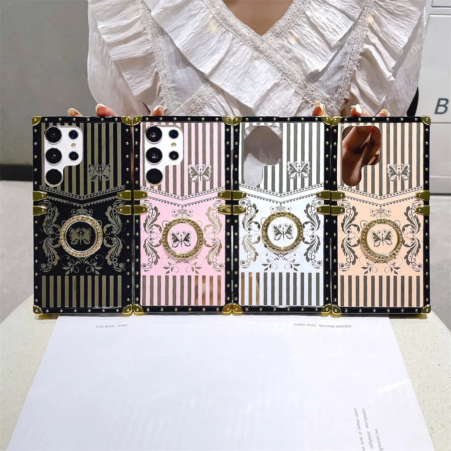 Retro Style Mirror Stripes Butterfly Case for Samsung Galaxy S23 S22 S21 Ultra Flip5 Flip4 Finger Ring Kickstand Back_voghion.com