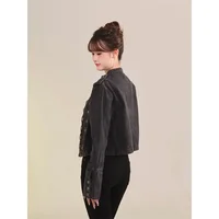 Veste Courte en Jean pour Femme, Nouveau Modèle, Style Rétro avec Boutons, Col Montant Ajusté, Manches Longues, Veste en Denim Courte 2