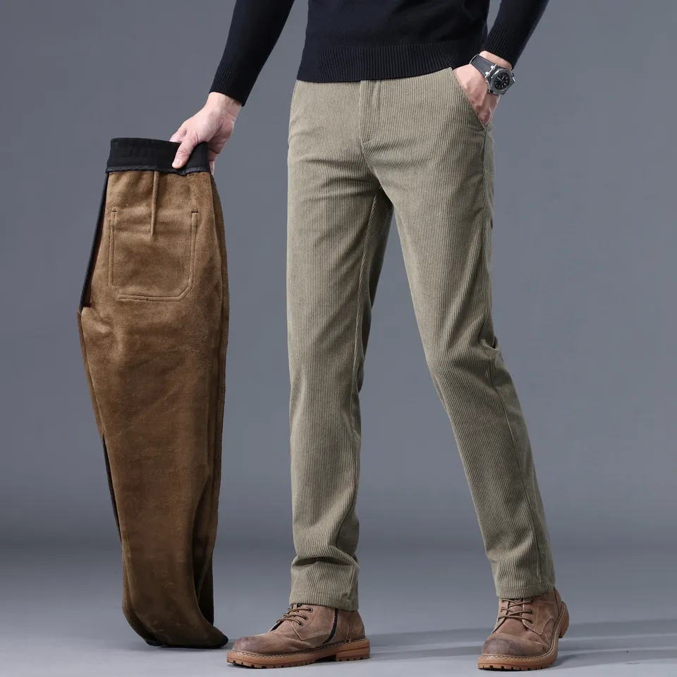 2024 New in Winter Pants Men Straight Slim Leg Casual Trouser Male Corduroy Fleece Thick Warm Work Business Stylish Office Khaki