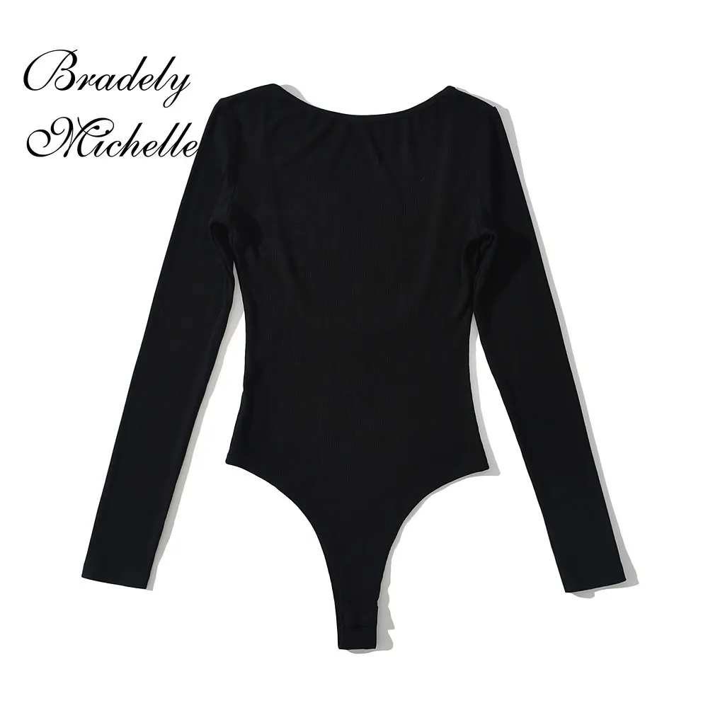 Women's Sexy Clothing Long-sleeve Solid Color Pullover One-Line Neck Backless Bodysuit Knitted Jumpsuit Top images - 6