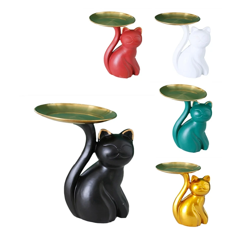 

BEAU-Nordic Cat Figurines Storage Tray Display Craft Fruit Plate Resin Sundries Holder Ornaments Home Decoration Gift