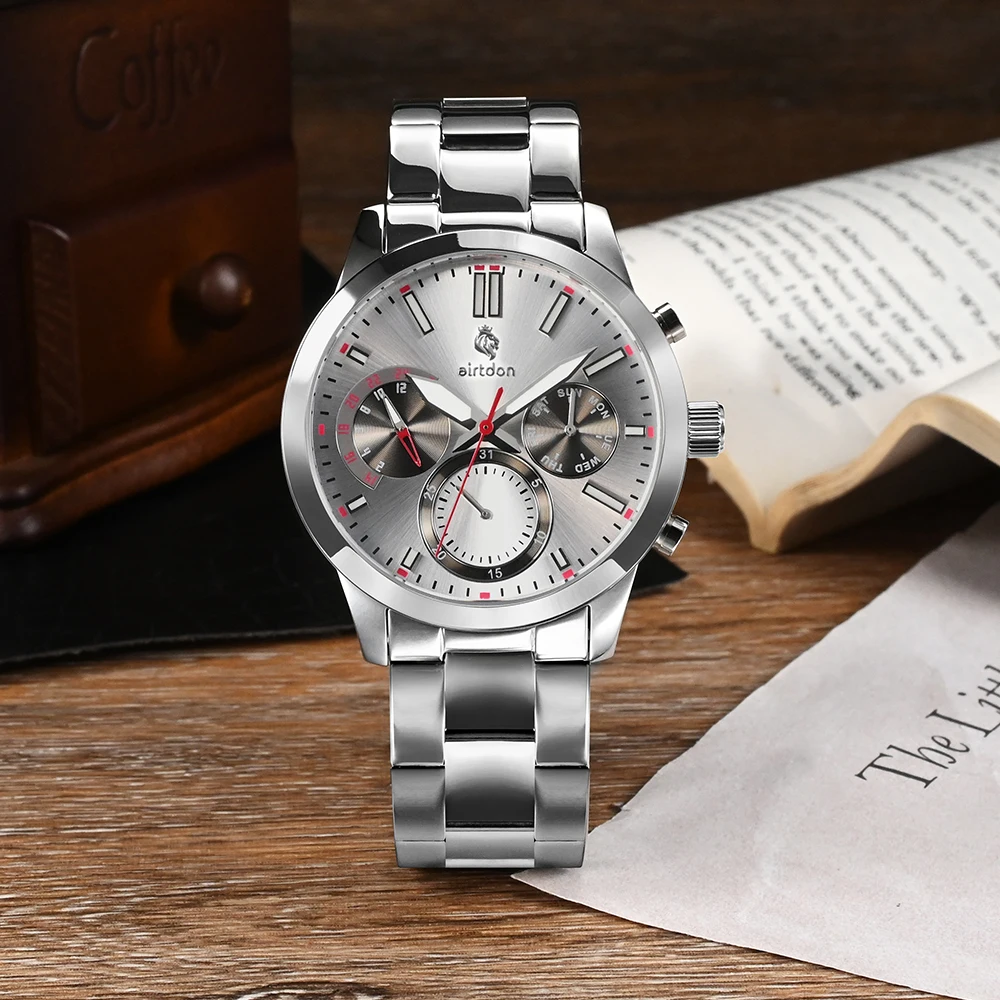 Airtdon Mens Fashion Business Quartz Watch Fashion Three Eye Six Pin  Men Watch Stainless Steel Belt Men Watches