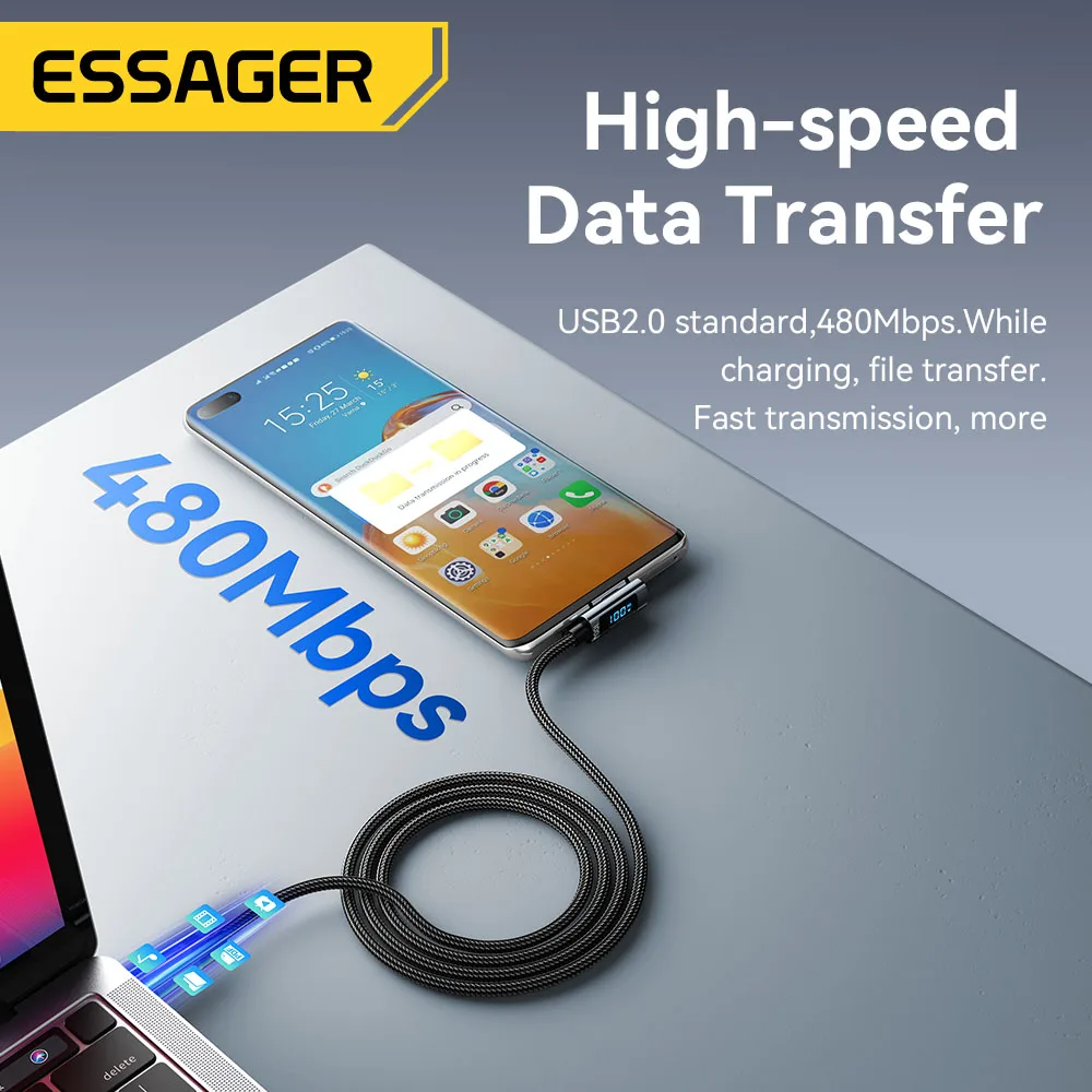 Essager PD100W USB Type C to USB C Cable 5A Fast Charging Cable 90 ° LED Digital Display Cable For Huawei Xiaomi Samsung MacBook