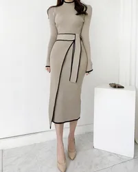 Vestido de punto con cinturón para mujer, prenda de longitud media de punto fino, Retro, elegante, para primavera e invierno