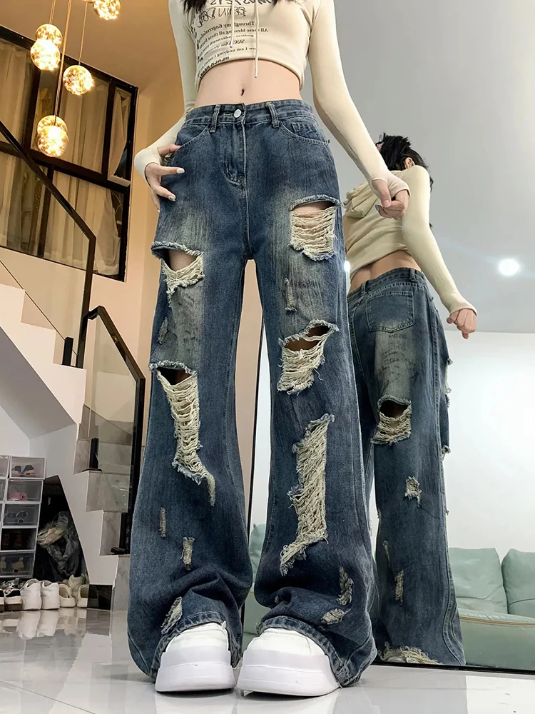 Getadme Harajuku Hip Hop Wide Leg Jeans Vintage High Waist Rock Embroidery 3PM Baggy Jeans Y2k Women Street Pattern Straight Leg Pants