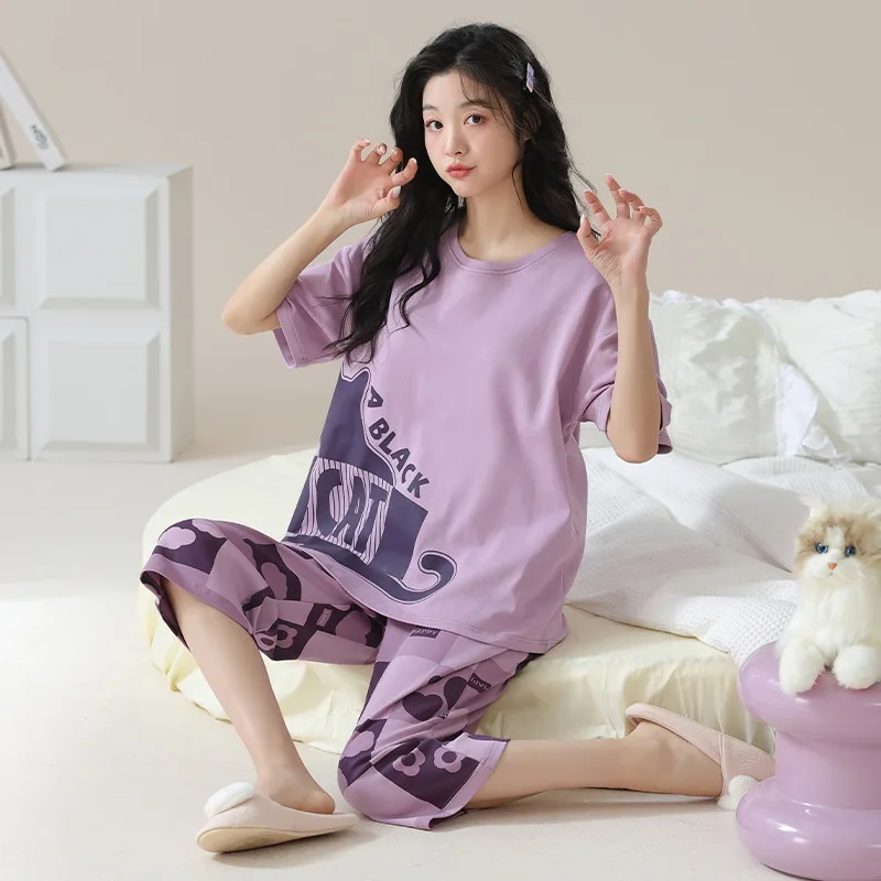 Summer Women's Thin Knitted Cotton Pajamas Round Neck Short Sleeve Capris Girls Loose Casual Sweet Printed Home Clothing Set