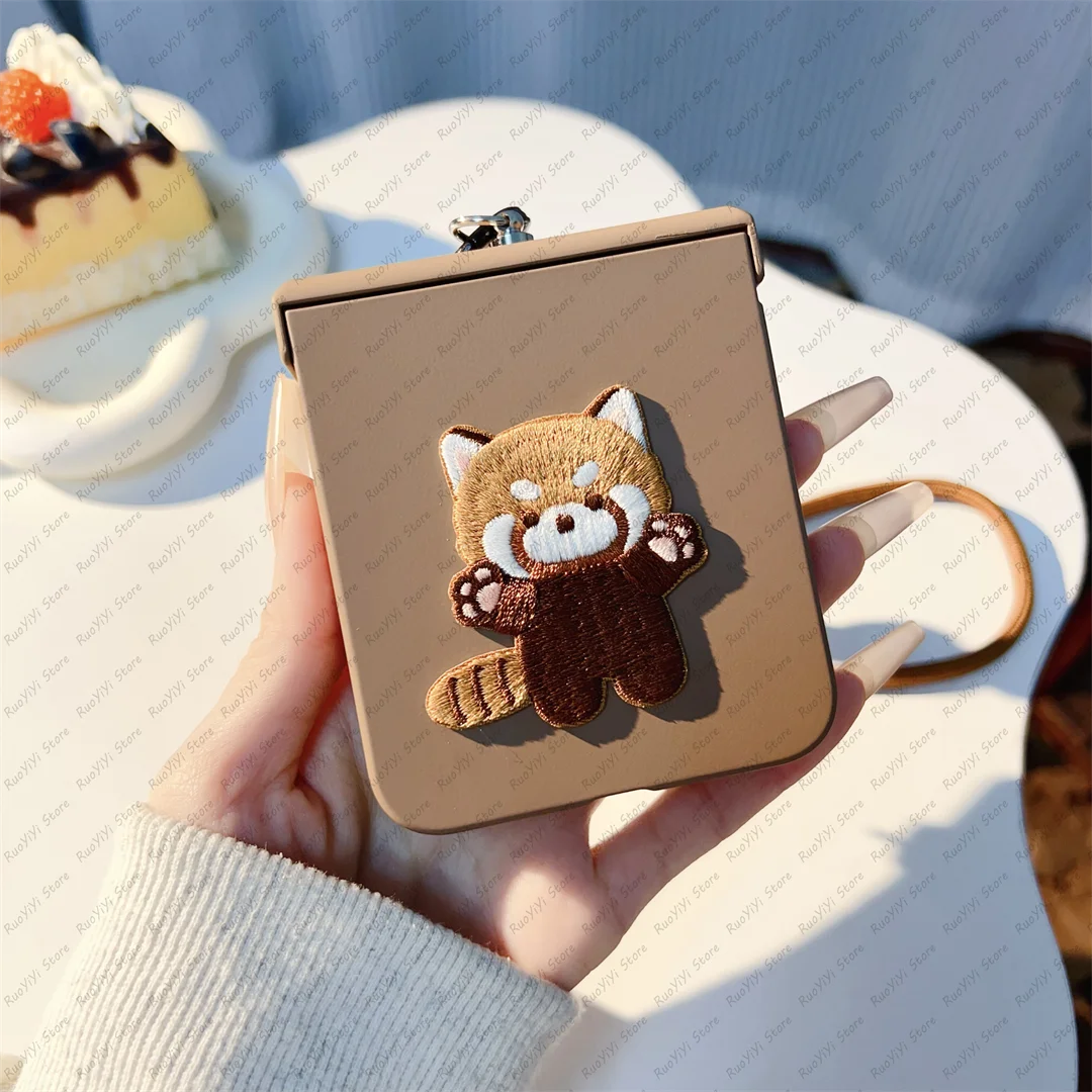 Korean Cute Solid Color Brown Panda Portable Rope Phone Case - Shockproof Cover