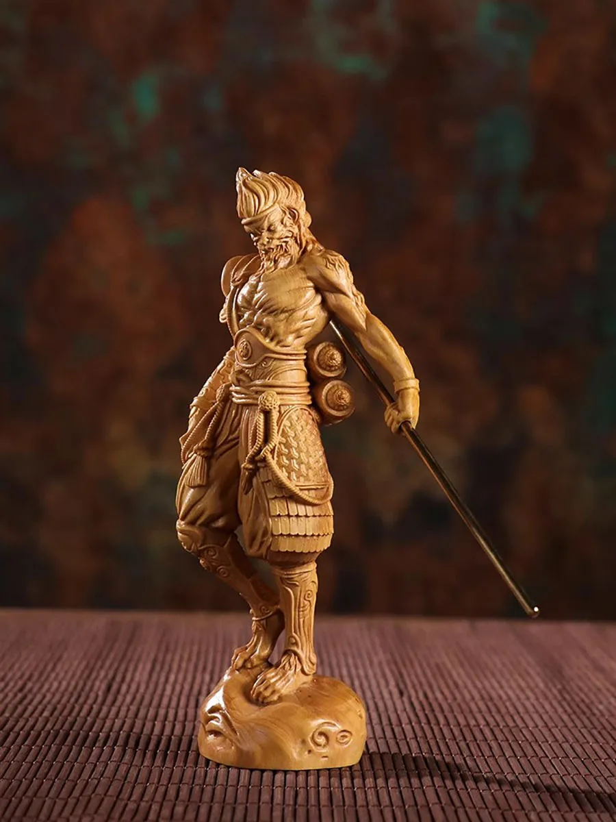 Natural solid wood Battle Buddha Monkey Sun Wukong Figure Statue Mythical Monkey Home Room Office Feng Shui Statue