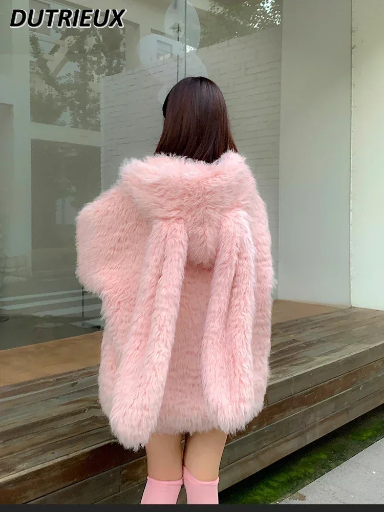 Pink Coat Coat With Ears Imitation Lamb Wool Fur Coat For Women